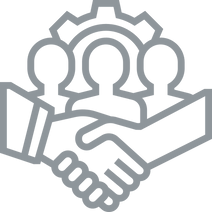 Icon depicting a handshake below three people figures and a gear, symbolizing exclusive teamwork and collaboration akin to luxury Pocket Real Estate Listings.